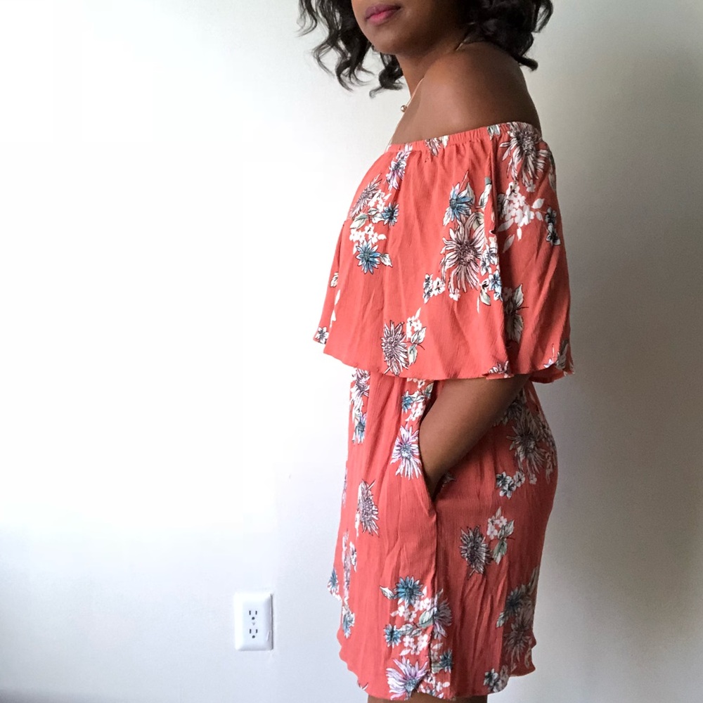 Light Orange Floral Off Shoulder Ruffle Dress - Picture 2 of 4
